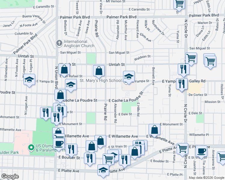map of restaurants, bars, coffee shops, grocery stores, and more near 907 Prairie Road in Colorado Springs