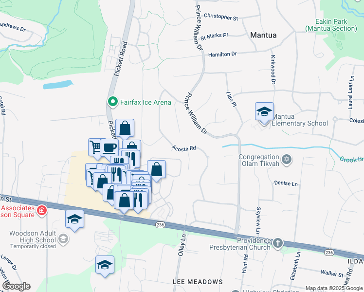 map of restaurants, bars, coffee shops, grocery stores, and more near 3731 Acosta Road in Fairfax
