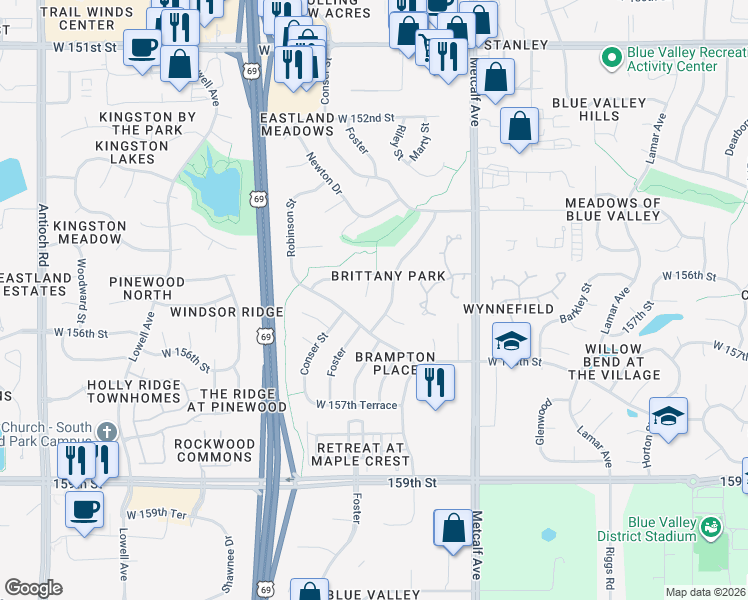 map of restaurants, bars, coffee shops, grocery stores, and more near 7504 West 156th Street in Overland Park