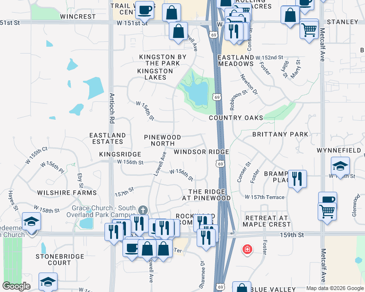 map of restaurants, bars, coffee shops, grocery stores, and more near 7868 West 156th Street in Overland Park