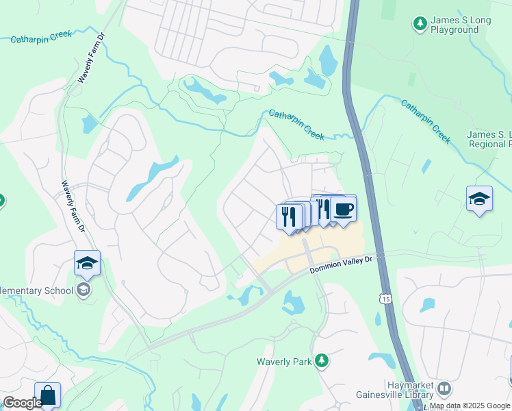 map of restaurants, bars, coffee shops, grocery stores, and more near 5429 Rodriquez Ln in Haymarket
