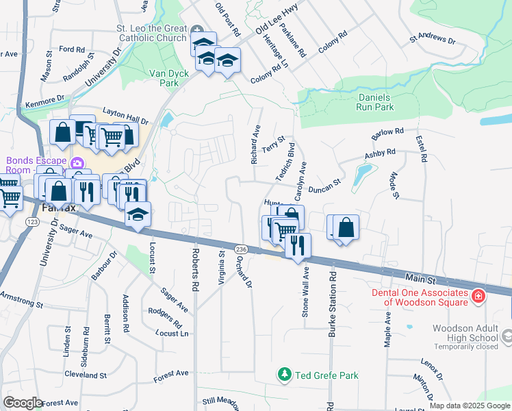map of restaurants, bars, coffee shops, grocery stores, and more near 3908 Tedrich Boulevard in Fairfax
