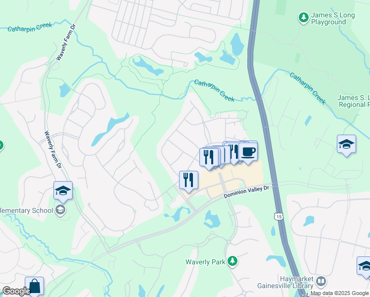 map of restaurants, bars, coffee shops, grocery stores, and more near 5429 Rodriquez Lane in Haymarket