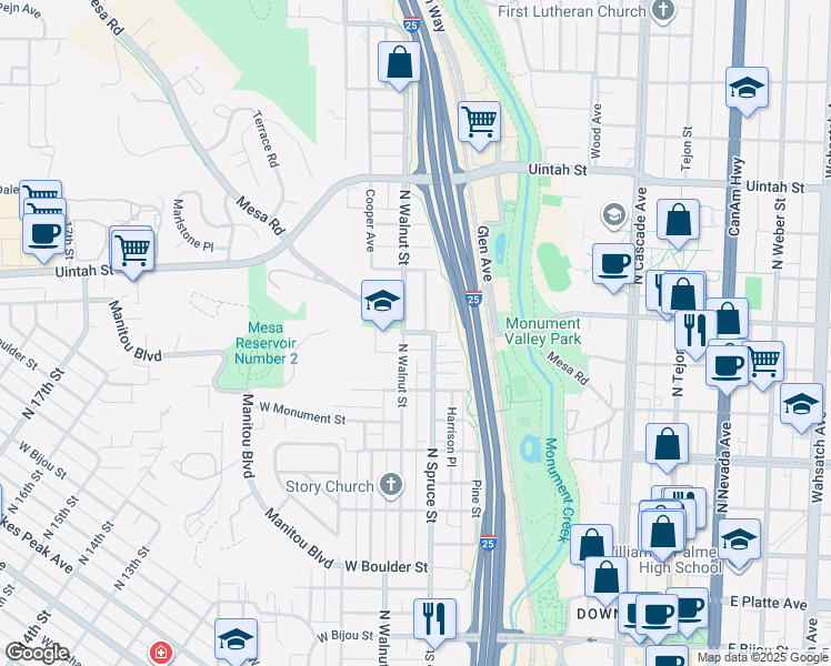 map of restaurants, bars, coffee shops, grocery stores, and more near 419 Mesa Road in Colorado Springs