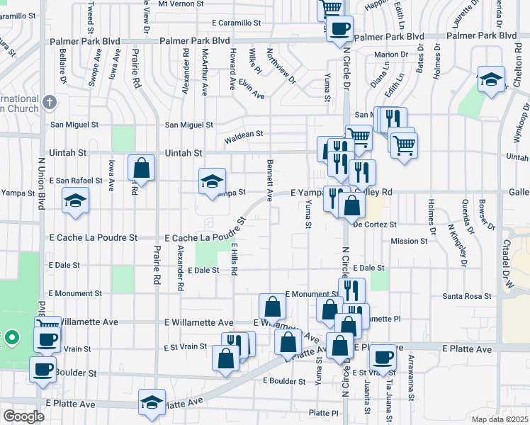 map of restaurants, bars, coffee shops, grocery stores, and more near 922 Bennett Avenue in Colorado Springs