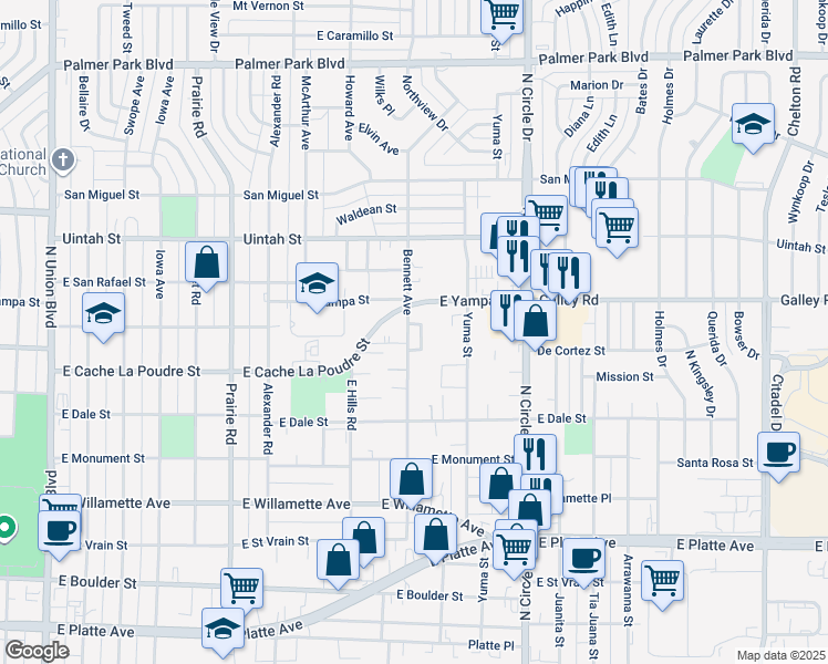 map of restaurants, bars, coffee shops, grocery stores, and more near 919 Bennett Avenue in Colorado Springs