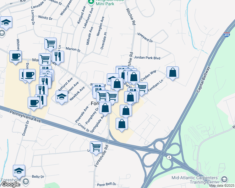 map of restaurants, bars, coffee shops, grocery stores, and more near 3298 Forestville Road in Forestville