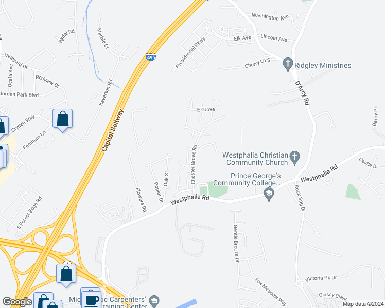 map of restaurants, bars, coffee shops, grocery stores, and more near 3307 Chester Grove Road in Upper Marlboro