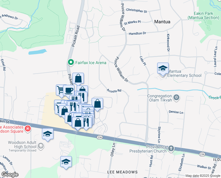 map of restaurants, bars, coffee shops, grocery stores, and more near 3729 Acosta Road in Fairfax