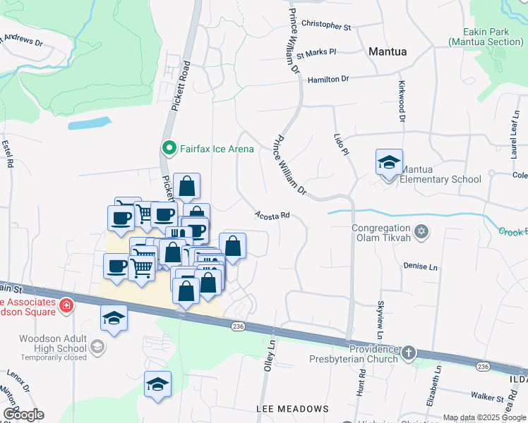 map of restaurants, bars, coffee shops, grocery stores, and more near 3729 Acosta Road in Fairfax
