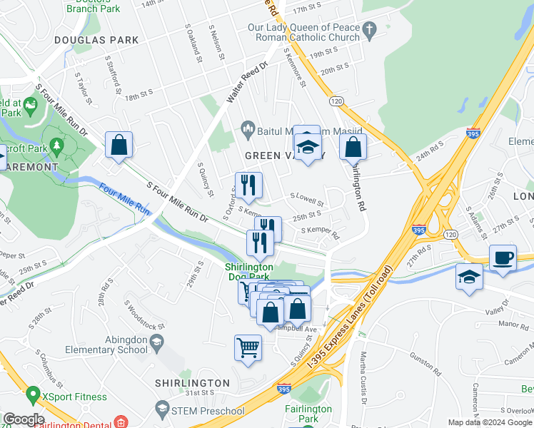map of restaurants, bars, coffee shops, grocery stores, and more near 3707 South Kemper Road in Arlington