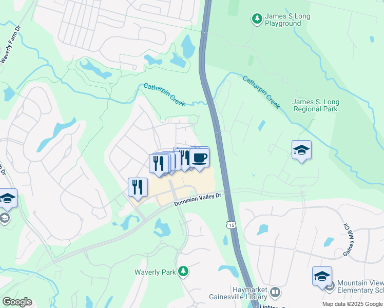 map of restaurants, bars, coffee shops, grocery stores, and more near 15241 Royal Crest Drive in Haymarket