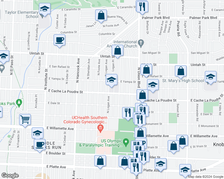 map of restaurants, bars, coffee shops, grocery stores, and more near 901 North Logan Avenue in Colorado Springs