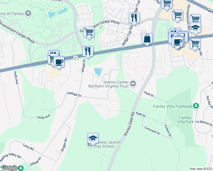 map of restaurants, bars, coffee shops, grocery stores, and more near 4500 Forest Hill Drive in Fairfax