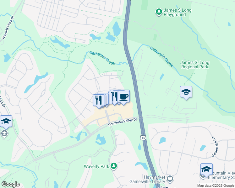 map of restaurants, bars, coffee shops, grocery stores, and more near 15241 Royal Crest Drive in Haymarket