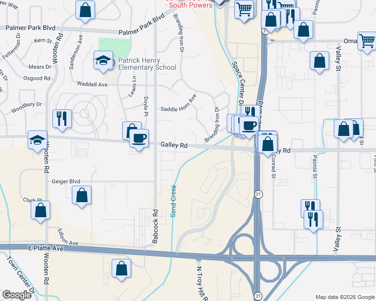 map of restaurants, bars, coffee shops, grocery stores, and more near 981 Pickfair Drive in Colorado Springs