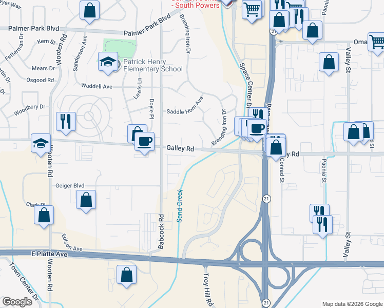 map of restaurants, bars, coffee shops, grocery stores, and more near 981 Pickfair Drive in Colorado Springs
