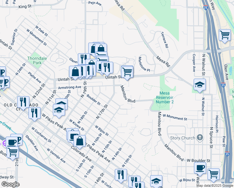 map of restaurants, bars, coffee shops, grocery stores, and more near 1622 West Saint Vrain Street in Colorado Springs