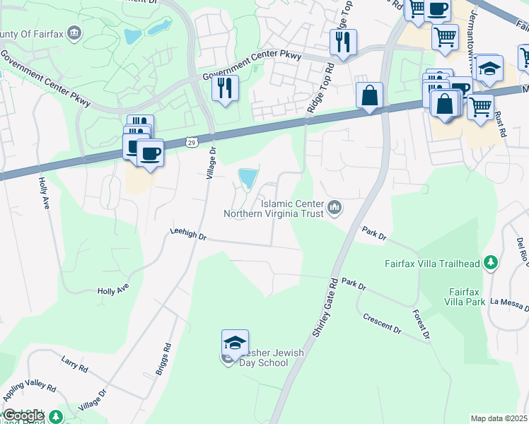 map of restaurants, bars, coffee shops, grocery stores, and more near 4500 Forest Hill Drive in Fairfax