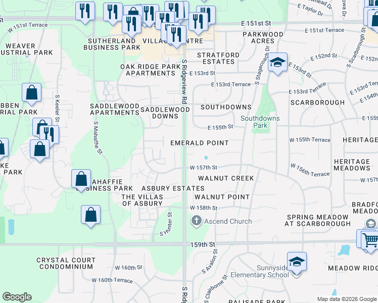 map of restaurants, bars, coffee shops, grocery stores, and more near 18290 West 157th Street in Olathe
