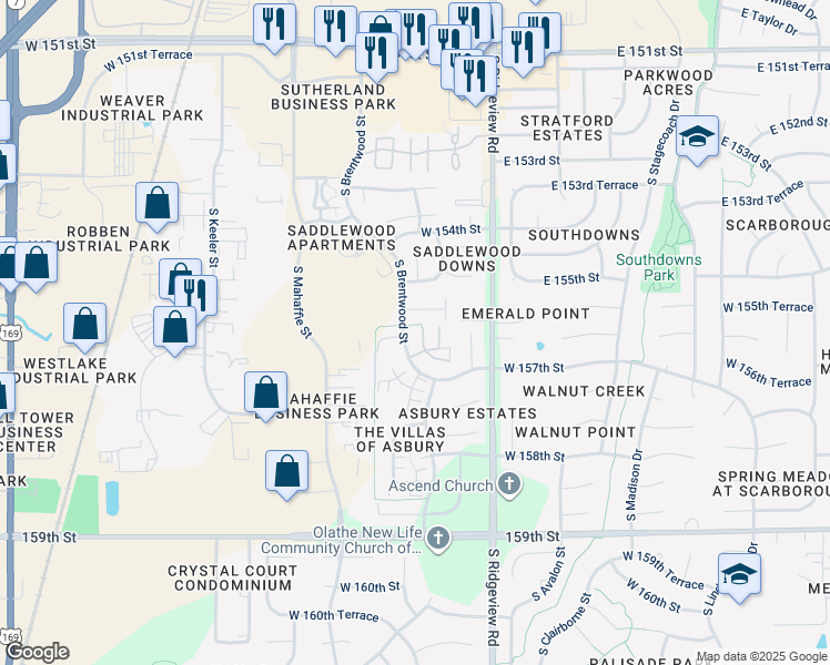 map of restaurants, bars, coffee shops, grocery stores, and more near 15578 South Hillside Street in Olathe