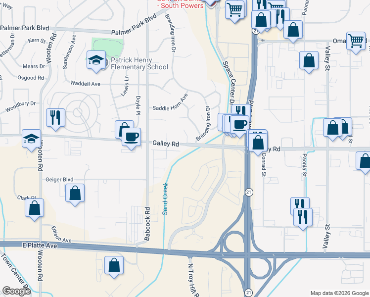 map of restaurants, bars, coffee shops, grocery stores, and more near 980 Technology Court in Colorado Springs