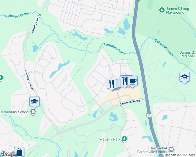 map of restaurants, bars, coffee shops, grocery stores, and more near 5425 Rodriquez Lane in Haymarket