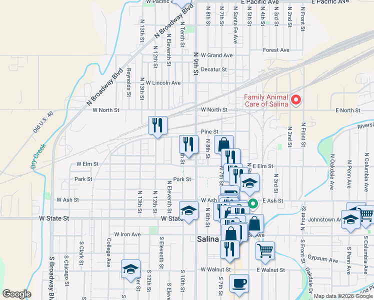 map of restaurants, bars, coffee shops, grocery stores, and more near 301 North 9th Street in Salina