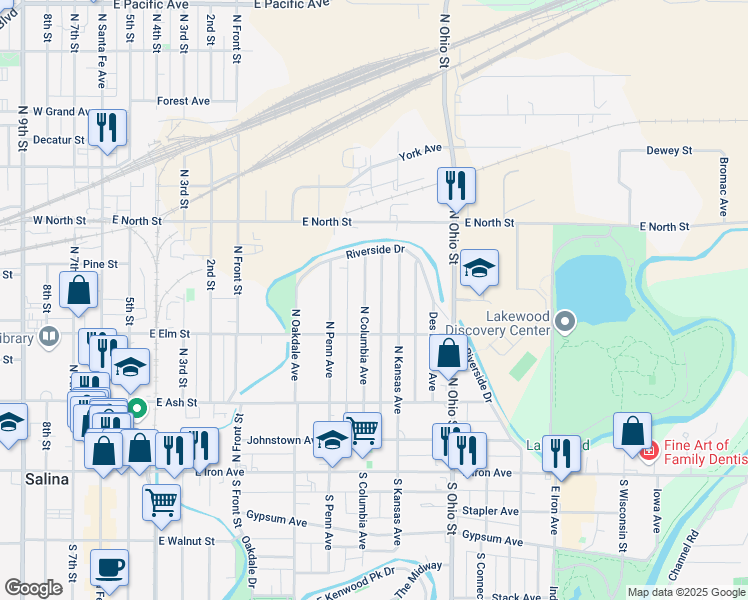 map of restaurants, bars, coffee shops, grocery stores, and more near 304 North Columbia Avenue in Salina