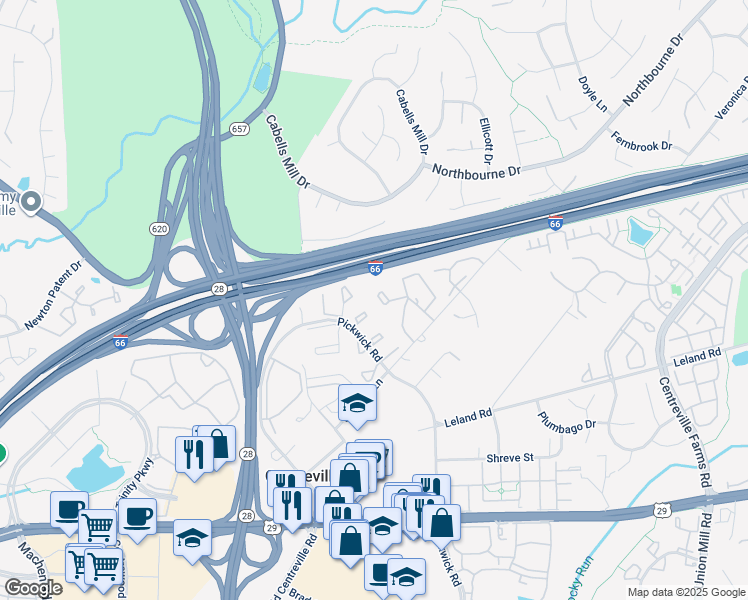 map of restaurants, bars, coffee shops, grocery stores, and more near 13867 Coleman Court in Centreville