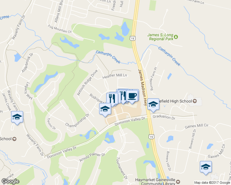 map of restaurants, bars, coffee shops, grocery stores, and more near 15105 Championship Drive in Haymarket