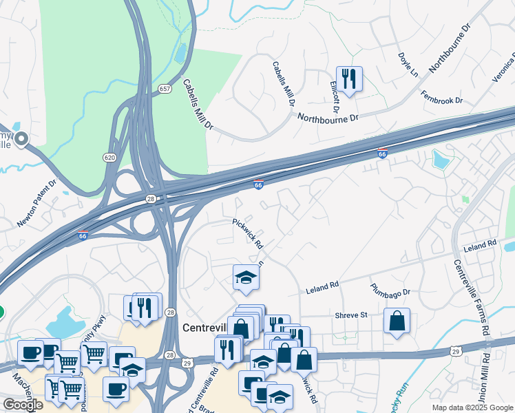 map of restaurants, bars, coffee shops, grocery stores, and more near 13867 Coleman Court in Centreville