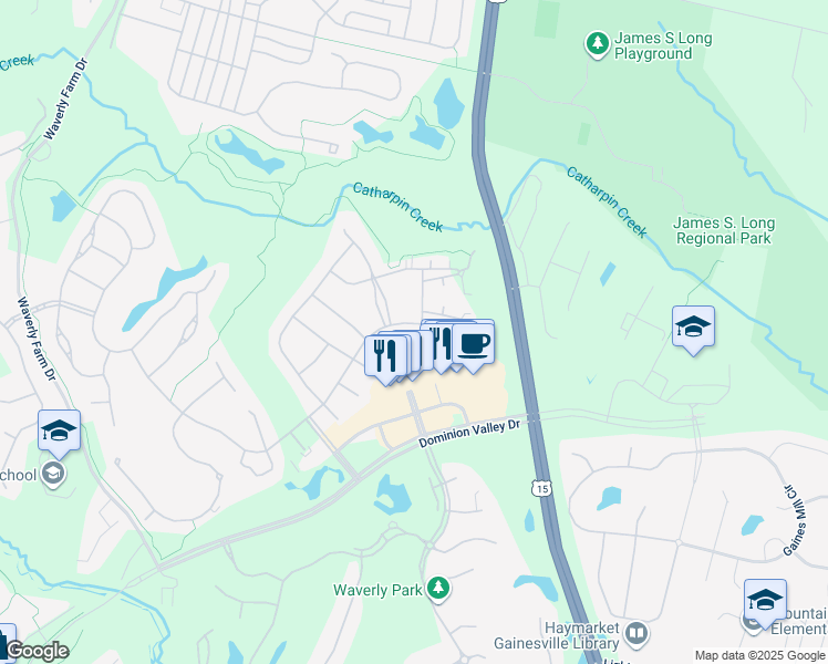 map of restaurants, bars, coffee shops, grocery stores, and more near 15105 Championship Drive in Haymarket