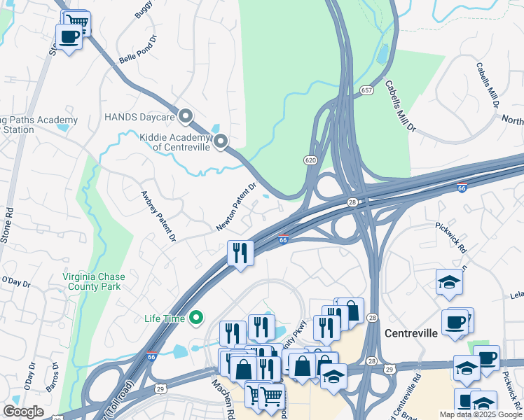 map of restaurants, bars, coffee shops, grocery stores, and more near 14212 Royal Oak Lane in Centreville