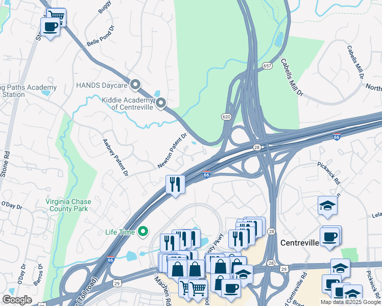 map of restaurants, bars, coffee shops, grocery stores, and more near 14212 Royal Oak Lane in Centreville