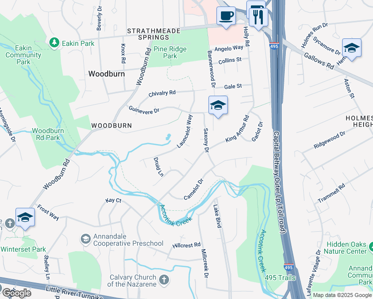map of restaurants, bars, coffee shops, grocery stores, and more near 8203 Excalibur Court in Annandale