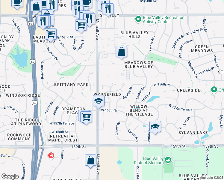map of restaurants, bars, coffee shops, grocery stores, and more near 6800 West 156th Street in Overland Park