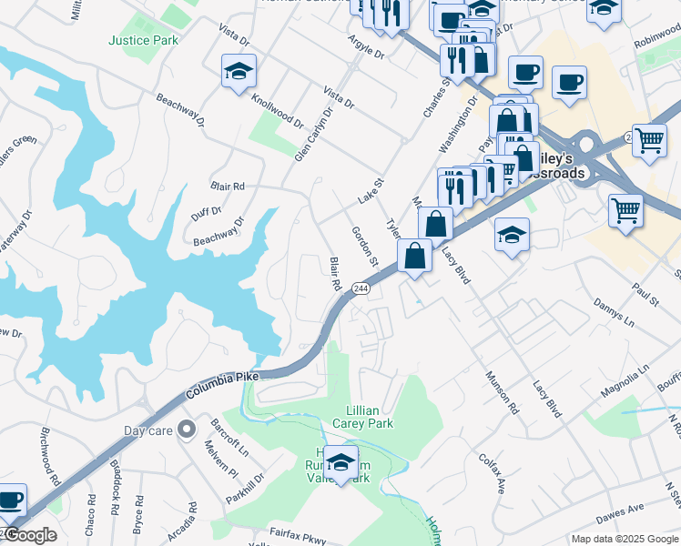 map of restaurants, bars, coffee shops, grocery stores, and more near 3535 Blair Road in Falls Church