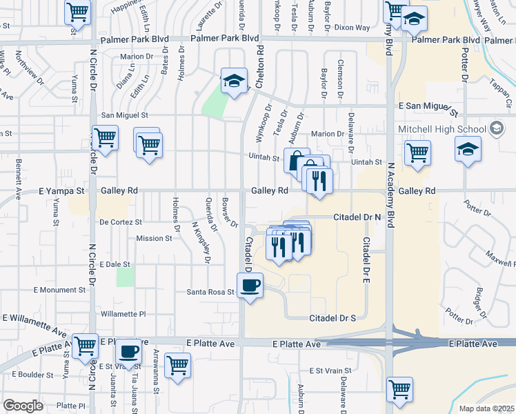 map of restaurants, bars, coffee shops, grocery stores, and more near 3405 Galley Road in Colorado Springs