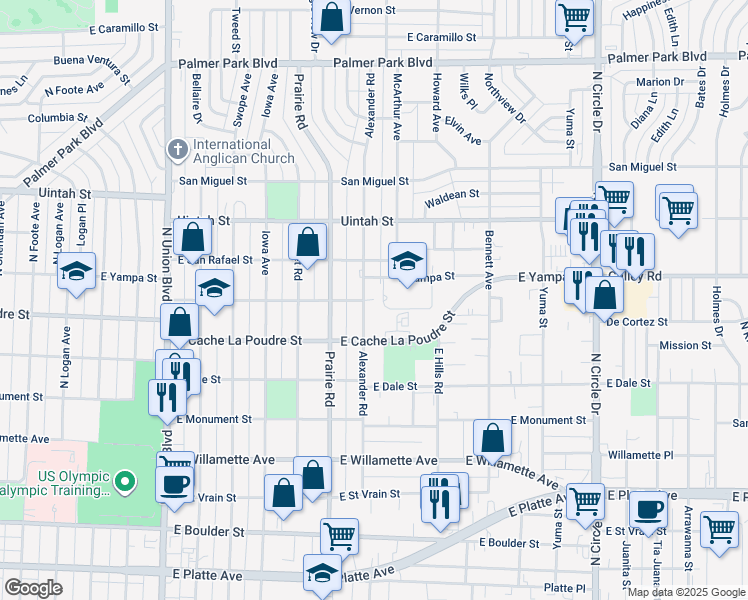 map of restaurants, bars, coffee shops, grocery stores, and more near 1015 Alexander Road in Colorado Springs