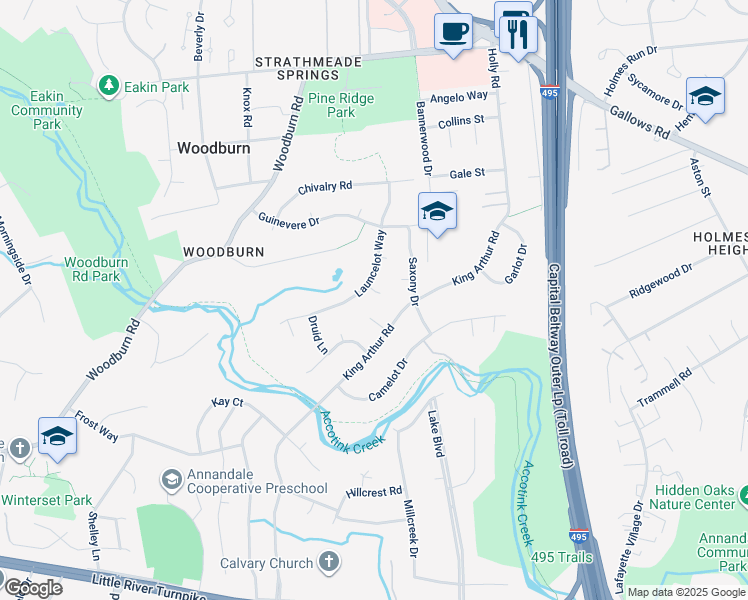 map of restaurants, bars, coffee shops, grocery stores, and more near 8203 Excalibur Court in Annandale