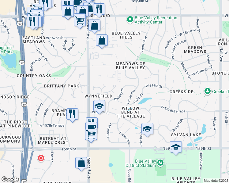 map of restaurants, bars, coffee shops, grocery stores, and more near 6802 West 156th Terrace in Overland Park