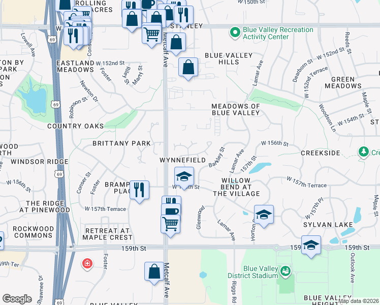 map of restaurants, bars, coffee shops, grocery stores, and more near 6800 West 156th Street in Overland Park