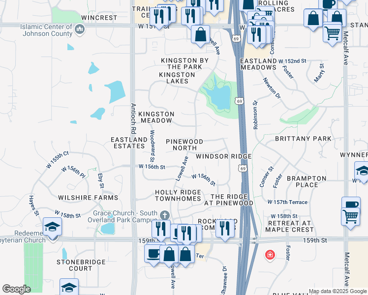 map of restaurants, bars, coffee shops, grocery stores, and more near 7906 West 155th Terrace in Overland Park