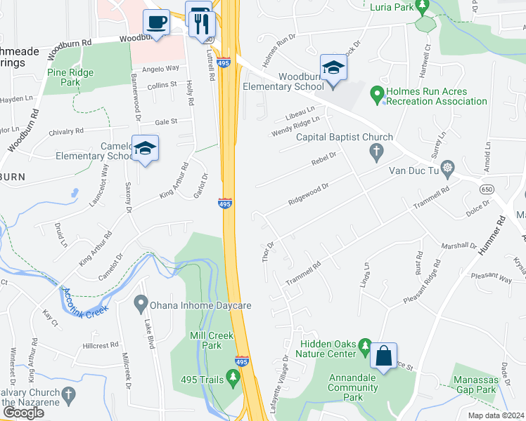 map of restaurants, bars, coffee shops, grocery stores, and more near 3479 Pence Court in Annandale
