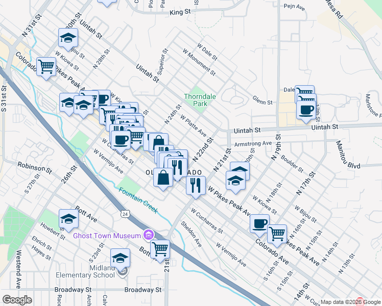 map of restaurants, bars, coffee shops, grocery stores, and more near 2225 West Bijou Street in Colorado Springs