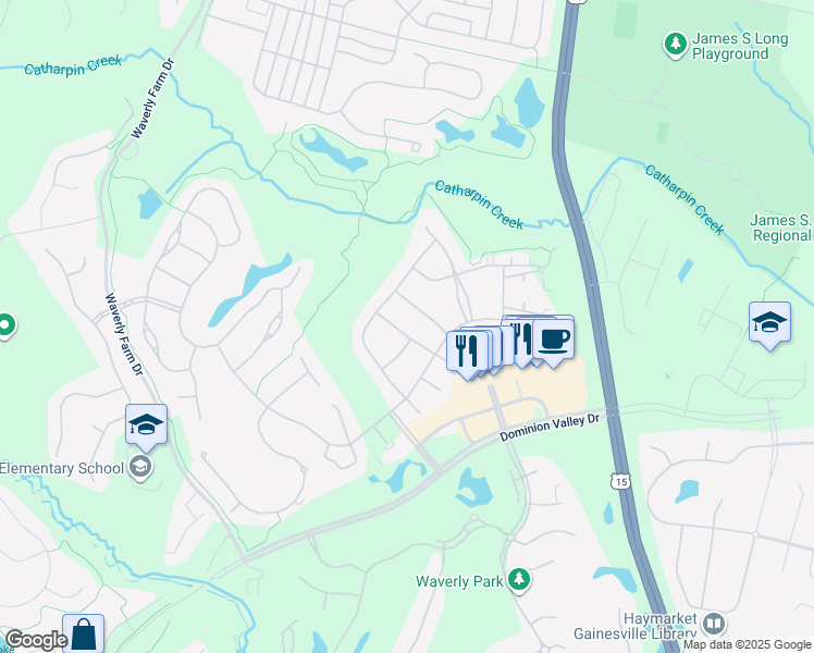 map of restaurants, bars, coffee shops, grocery stores, and more near 5421 Rodriquez Lane in Haymarket