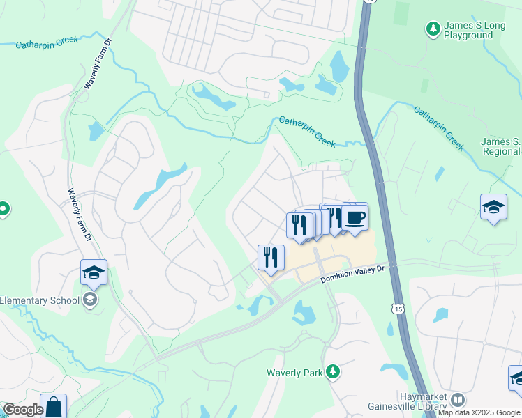 map of restaurants, bars, coffee shops, grocery stores, and more near 5421 Rodriquez Lane in Haymarket