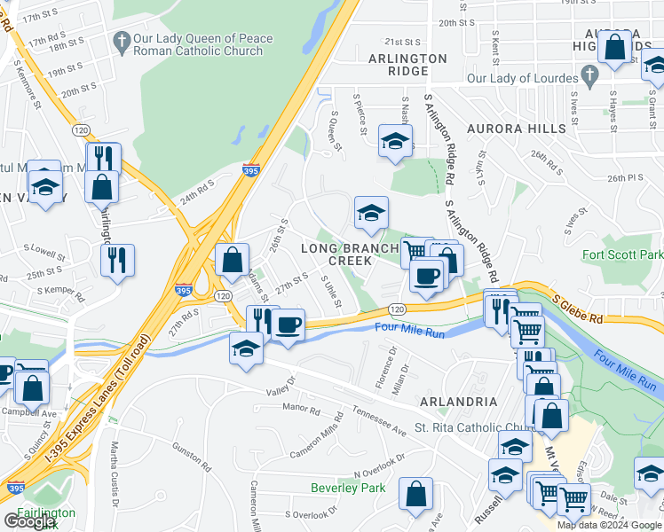 map of restaurants, bars, coffee shops, grocery stores, and more near 2002 27th Street South in Arlington