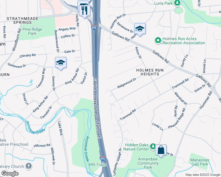 map of restaurants, bars, coffee shops, grocery stores, and more near 3479 Pence Court in Annandale